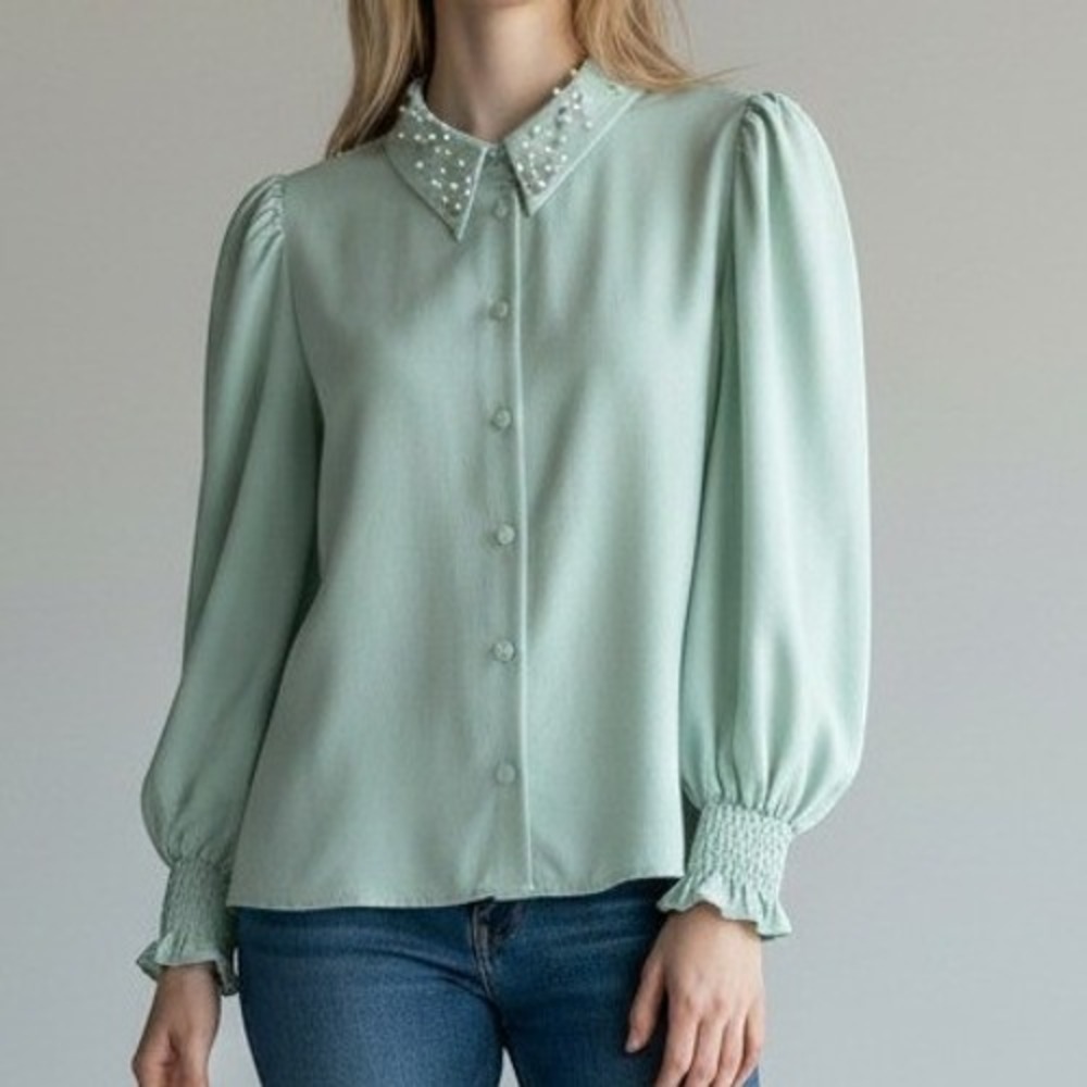 Zara Womens XS Mint Green Pearl Rhinestone Collar Puff Sleeve Button Up Blouse - Picture 2 of 8